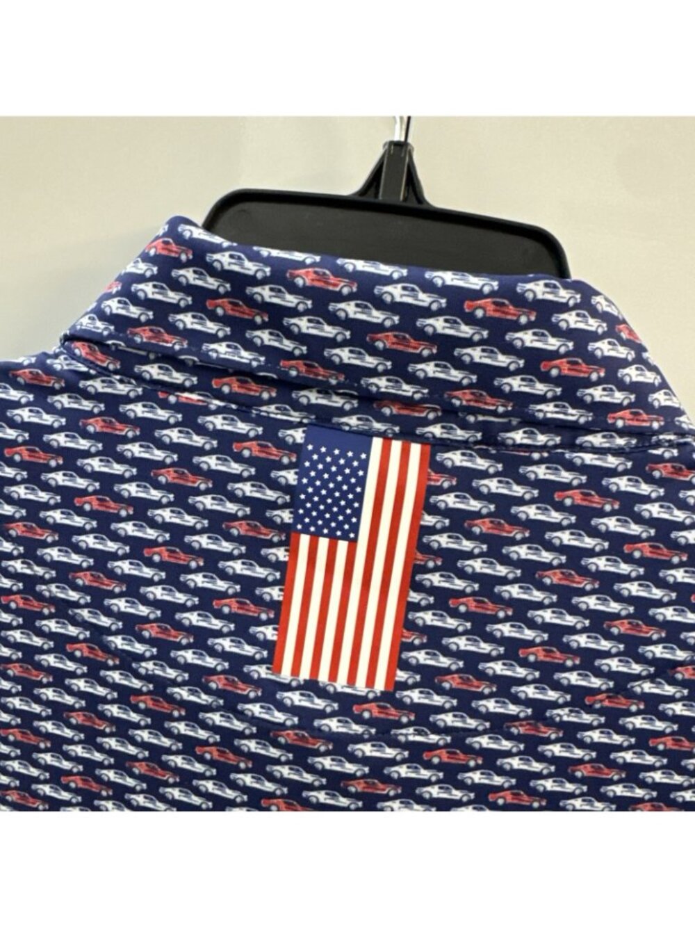 Rhoback Men’s XL Mustang Car Print Performance Polo Shirt Red White Blue USA - Picture 5 of 8